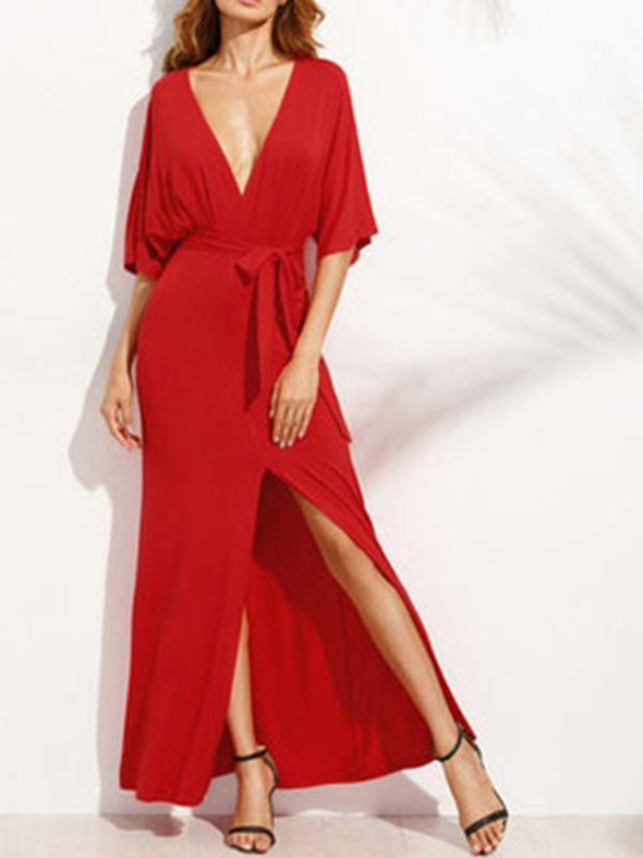 Deep V Collar Slit Belt Maxi Dress