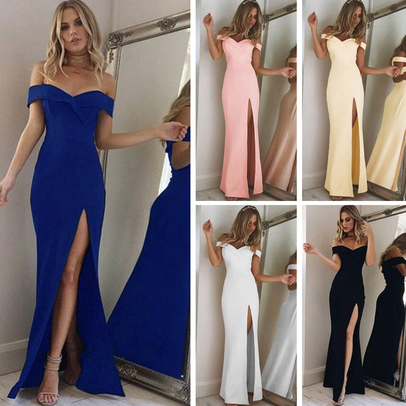 Sexy Solid Tube Top V-Neck High Split Maxi Dress