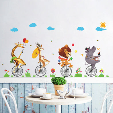 Cartoon Animal Stepping On Bicycle Wall Sticker