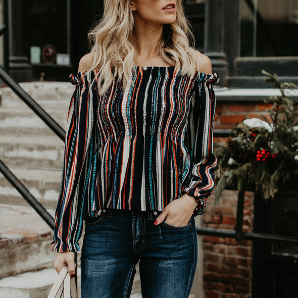 Striped Slash Neck long-sleeved Slim Shirt