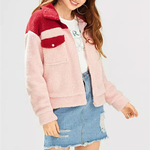 Plush Colorblock Zipper Pocket Patch Coat