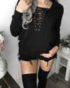 Solid Color V-Neck Hooded Lace-Up Sweatshirt