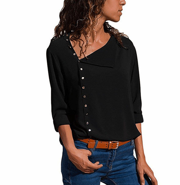 Women's Irregular Diagonal Collar Long-Sleeved Shirt