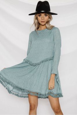 New fashion cotton Tassel long sleeve dress