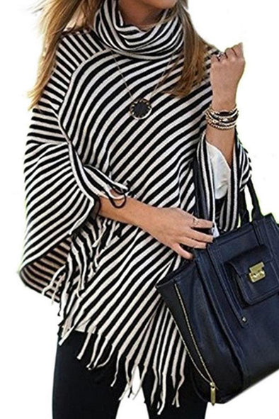 Cowl Neck  Striped  Tassel Cape  Sweaters