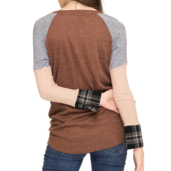 Plaid Stitching Hem Knotted T-Shirt