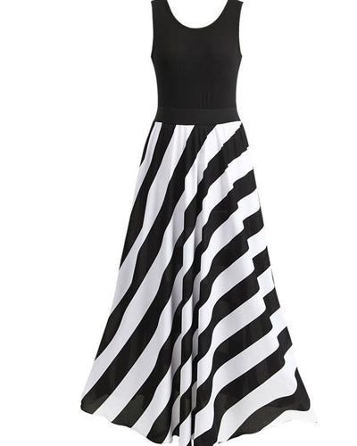 Striped Split Joint Sleeveless Evening Dress