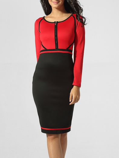 Round Color Block Zips Split Bodycon Dress