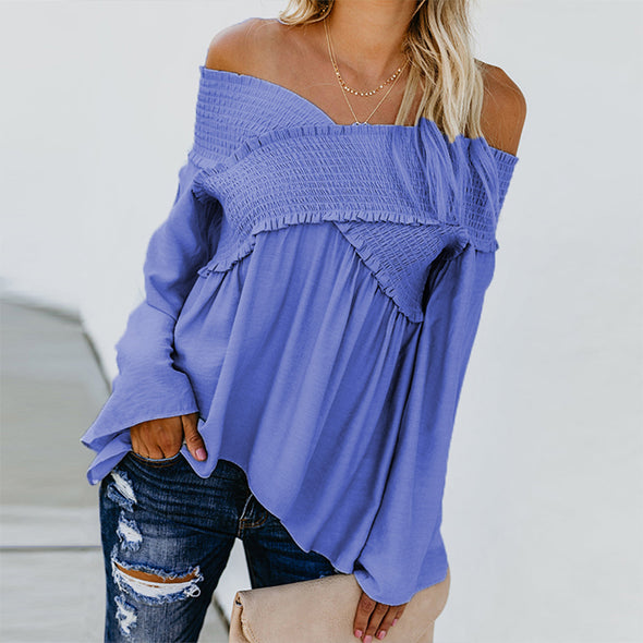 Elastic Off Shoulder Long Flare Sleeve Plain Pleated Loose T-Shirts