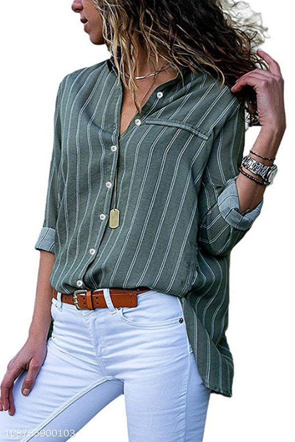 Turn Down Collar  Asymmetric Hem Single Breasted  Striped  Blouses