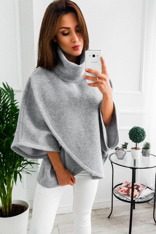 High Collar Bat Sleeve Loose Solid Color Sweater