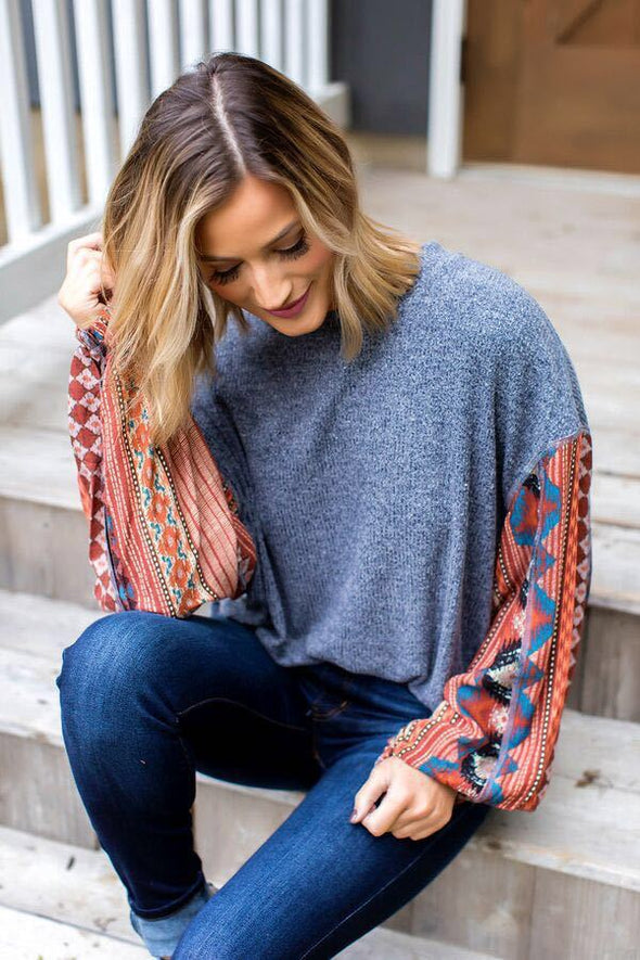 Printed Lantern Sleeve Paneled Knit Sweater