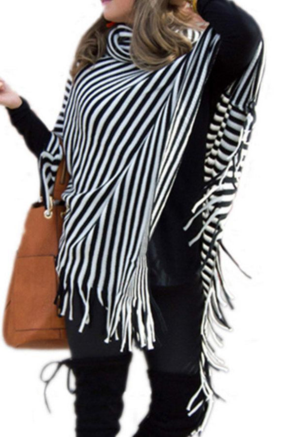 Cowl Neck  Striped  Tassel Cape  Sweaters