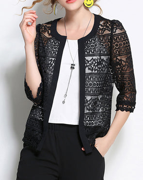 Slim-Fit Lace O-Neck Cropped Sleeve Coat