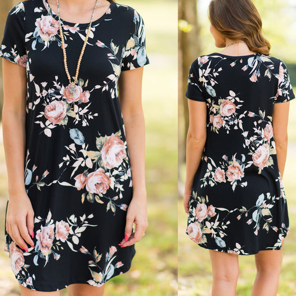 Short Sleeve Printed A-Line Dress