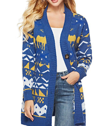 Printed V-Neck Single-Breasted Sweater