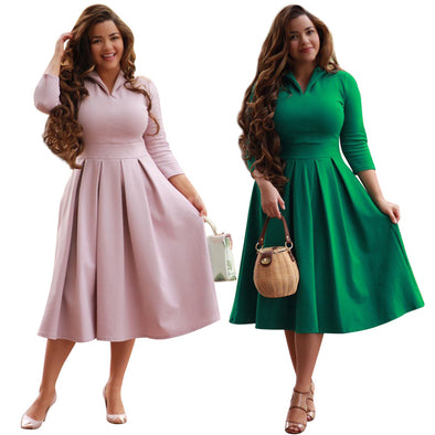 Pure Color 3/4 Sleeve High Waist Skater Dresses