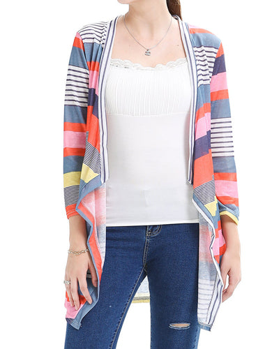 Irregular Striped Cropped Sleeve Knit Cardigan