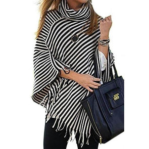 Cowl Neck  Striped  Tassel Cape  Sweaters