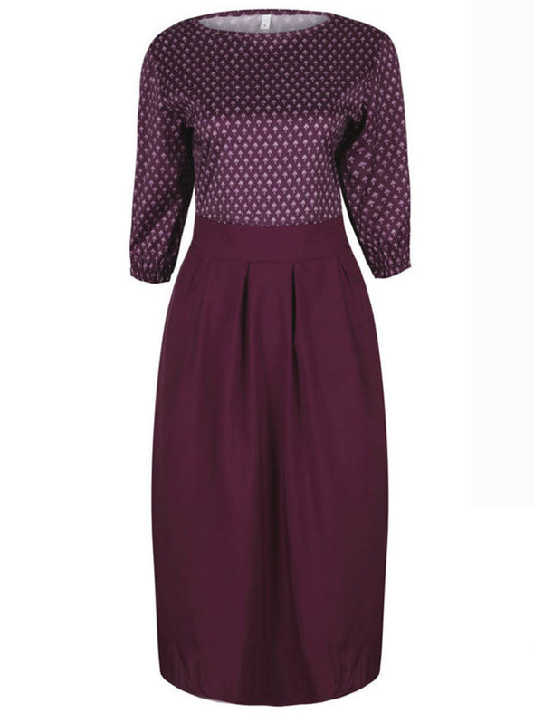 New Round Neck Print Cropped Sleeve A-Line Dress