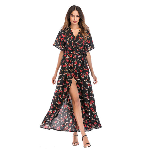 New V-neck short sleeve floral split dress maxi dress