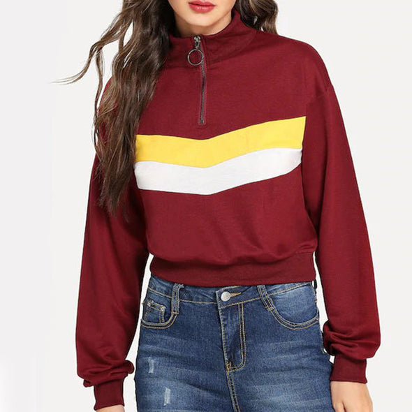 Patchwork Color Stand Collar Loose Sweatshirts