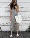 Simple Solid Sleeveless Hem Split Cotton Maxi Dress