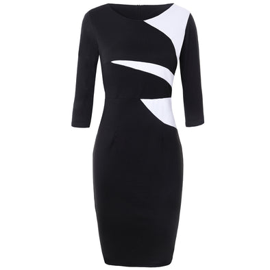 Hit Color Patchwork 3/4 Sleeve Slim Bodycon Dress