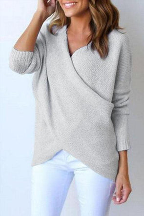 Surplice Curved Hem Long Sleeve Sweater