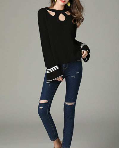 Sexy Hollow Hanging Neck Striped Trumpet Sleeve Sweater