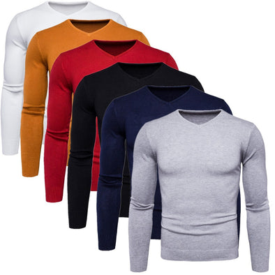 New V-neck Men's Solid Color Long-sleeved Sweater