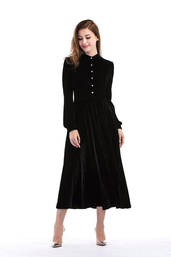 New solid color O-neck long sleeve waist A-line dress