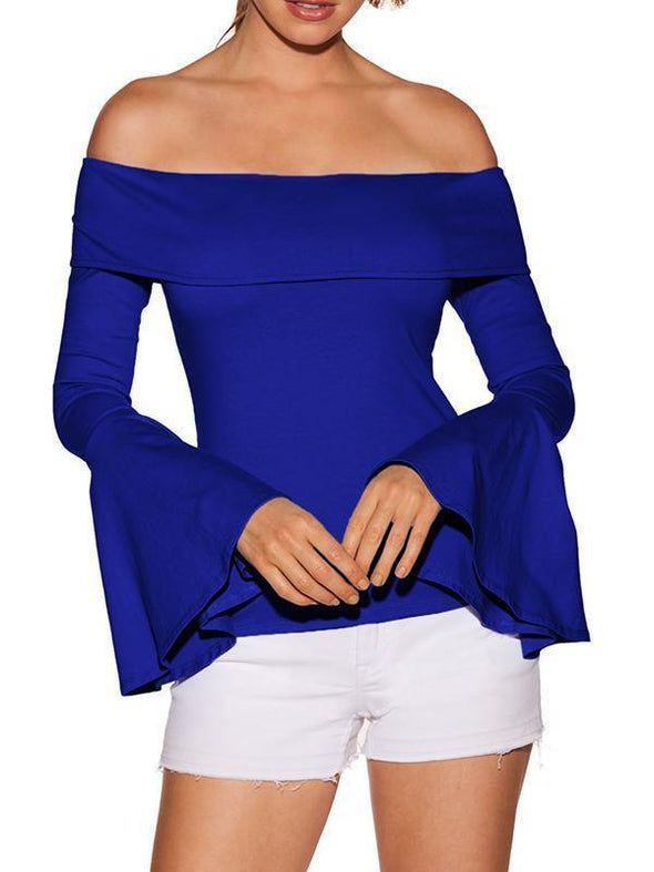 Off-Shoulder Flared Sleeve Long-Sleeved T-Shirt