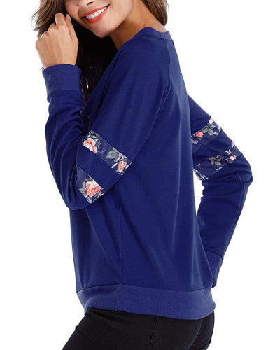 Pocket Printed Three-Sleeve Loose O-Neck Sweatshirt