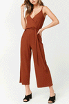 Sexy Deep V Collar Plain Camel Belt Jumpsuit