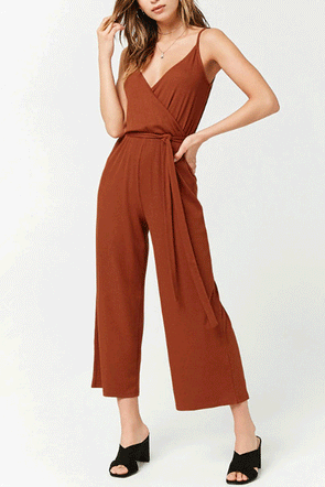 Sexy Deep V Collar Plain Camel Belt Jumpsuit