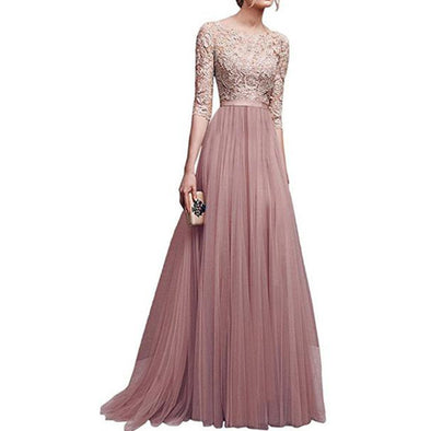 Round Neck Patchwork Plain Evening Dress