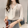 Solid color V-neck cropped sleeve chiffon shirt