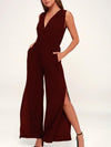 Side Vents With Wide Legs V-Neck Backless Jumpsuits