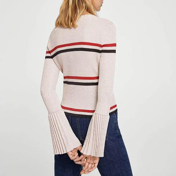 Round Collar Stripes Flare Sleeve Sweater