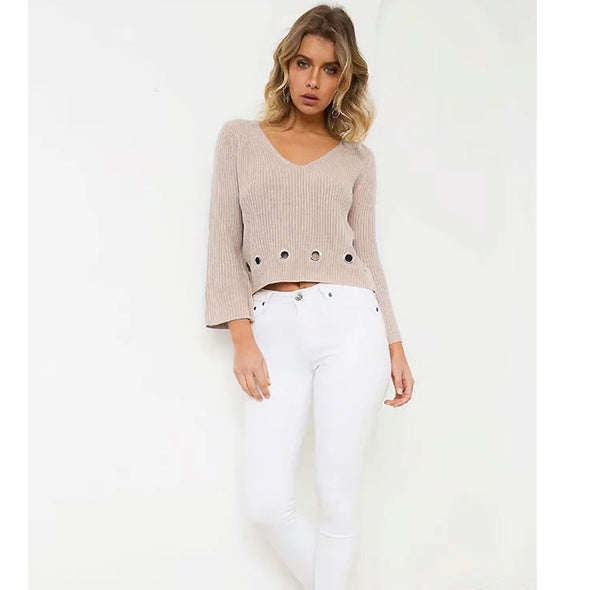 Openwork Hole V- neck Short Sweaters