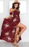 Fashion Printed Slash-Neck Off Shoulder Split Asymmetrical Maxi Dress