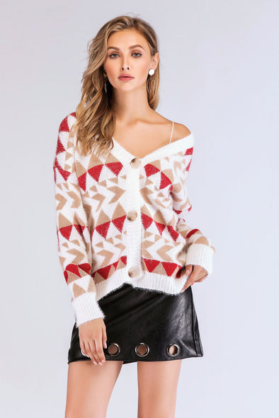 Single-Breasted V-Neck Long-Sleeved Sweater