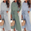 Round Neck Long Sleeve Stripes Lace Up Jumpsuits