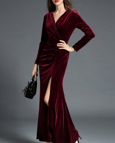 Elegant Split Velvet Evening Dress