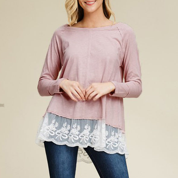 Women's 0-neck stitching lace long T-shirt