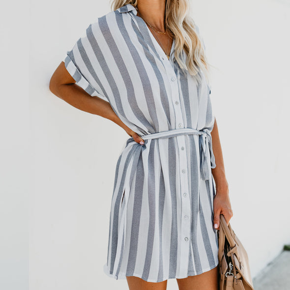 Women's loose striped short long shirt