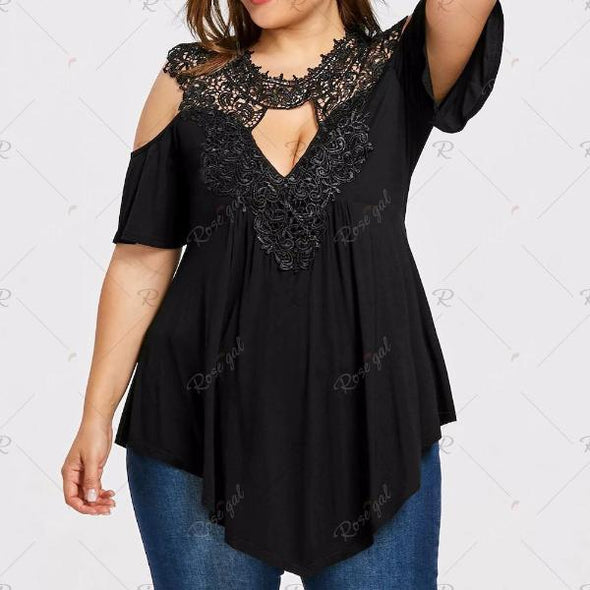 Casual Short Sleeve cold shoulder round neck openwork Plus Size Tops