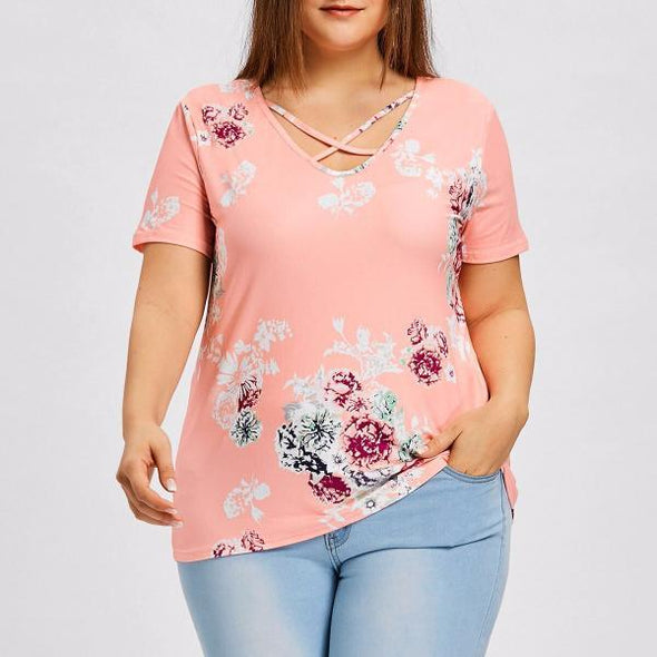 Casual Print Short Sleeve V neck Plus Size Tops