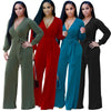 Casual Long Sleeve Solid Color V-neck Jumpsuits